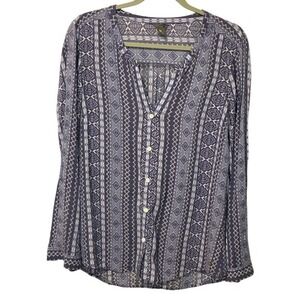 Eddie Bauer Womens Blue White Geometric Ikat Print Henley Blouse Top Medium